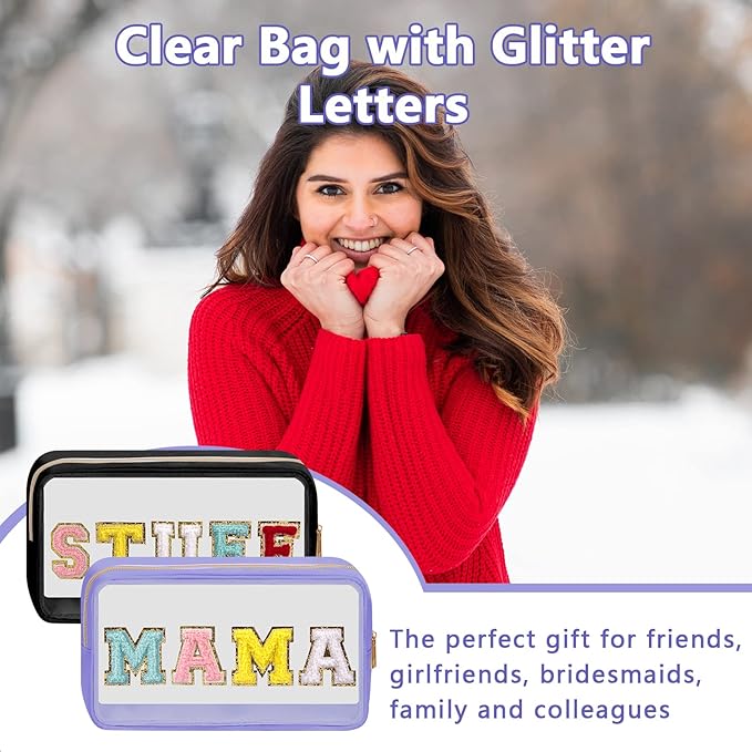 Iqimott Clear Patch Makeup Bag Mama Pouch, Preppy Personalized Chenille Letter Cosmetic Pouch for Travel, Nylon Waterproof Travel Essentials Zipper Toiletry Bags for Women Girls(MAMA, Purple)