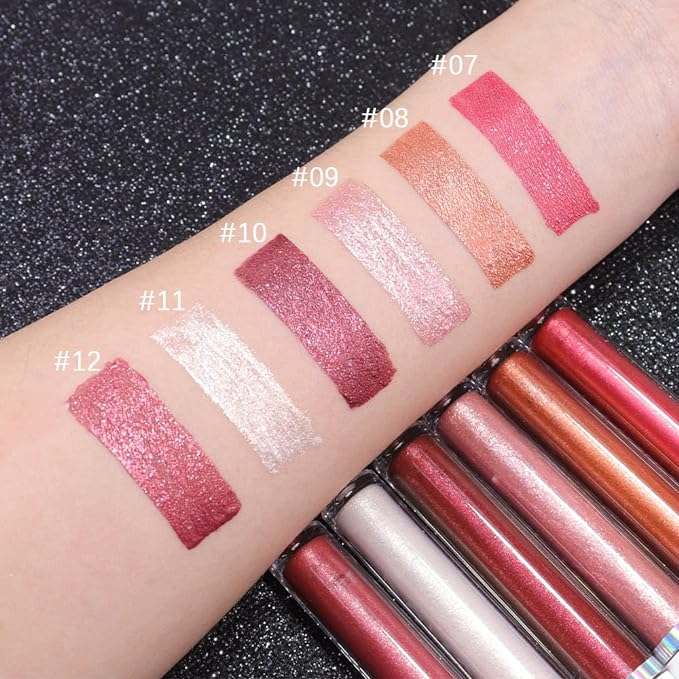 evpct 1Pcs Pink Metallic Glitter Lipstick Lip Gloss Stain for Women Long Lasting Waterproof 24, Hot Light Nude Pink Frosted Metallic Shimmer Glossy Chrome iridescent Liquid Lipstick Lip Gloss Makeup