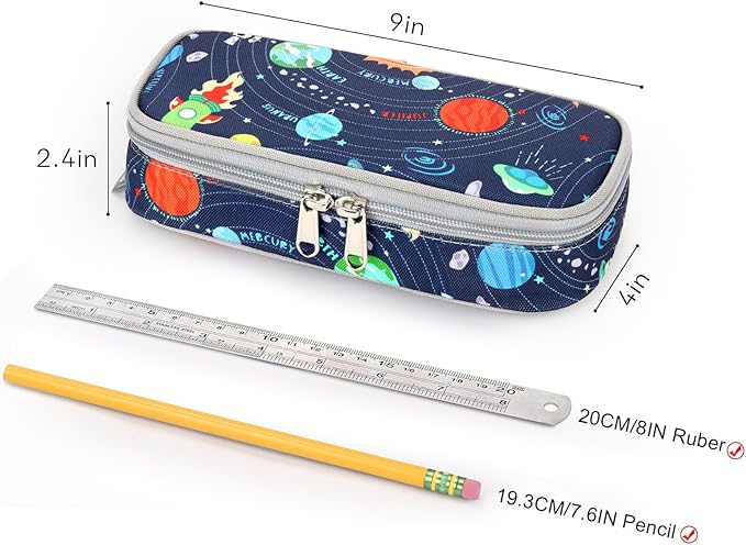 mibasies Boys Pencil Case for Kids, Multi-Slot Pencil Pouch, Galaxy LightGray