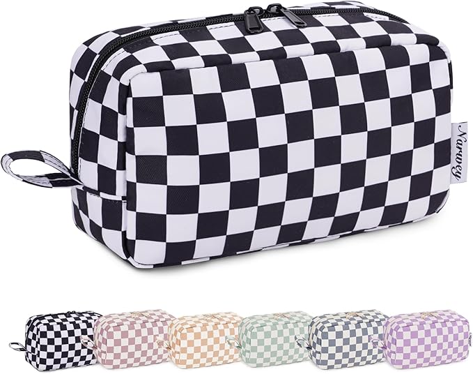 Narwey Checkered Makeup Bag Travel Cosmetic Bag Organizer Small Toiletry Bag Make Up Bags with Organized Pockets for Women (Black Checkerboard, Large)
