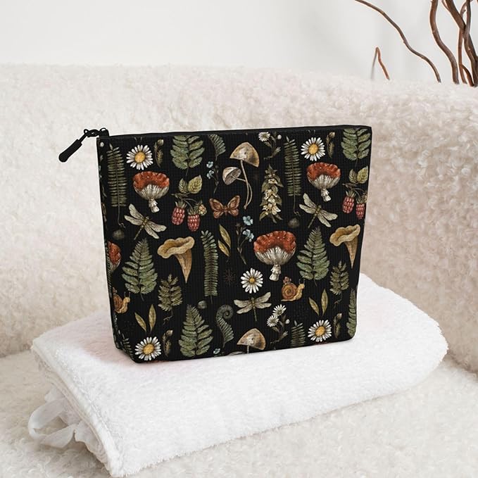 MOLAIGIN Wicthcrafts Red Mushroom Leaf Dragonfly Cosmetic Bag For Women, Travel Makeup Bag, Toiletry Zipper Bag, Large Capacity Aesthetic Cases