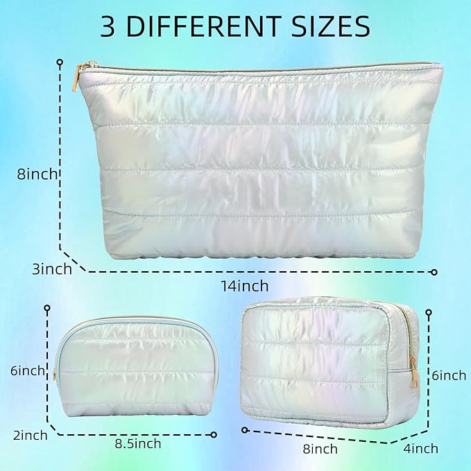 Hiroyuki Iridescent Quilted Makeup Bag, 3pcs Cute Makeup Bag Set, Large Capacity Cosmetic Organizer Travel Toiletry Pouch (plain, cyan)