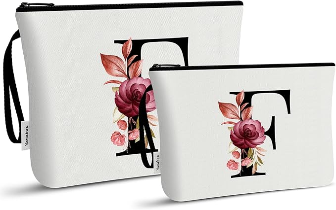 Vavabox A-Z Personalized Makeup Bag, Birthday Gifts for Women Mom, Gifts for Best Friend, Bride Bridesmaid Cosmetic bag (F, 03-White Set)