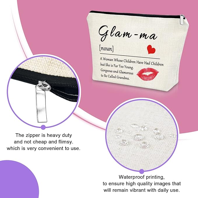 Sazuwu Grandma Gifts: Makeup Bag for Mother's Day, Retirement, Birthday & Christmas - Glamma Travel Pouch