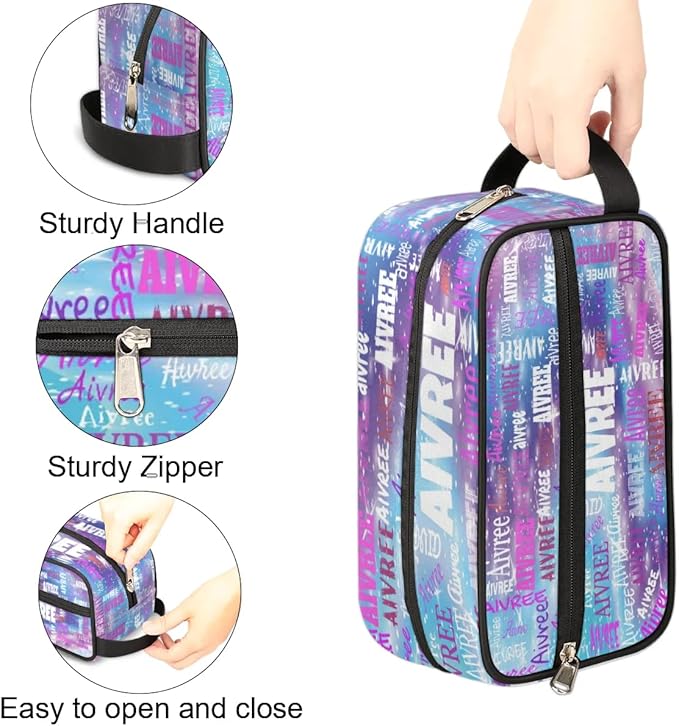 Personalized Travel Cosmetic Bag Waterproof Makeup Bags, Custom Name Purple Blue Galaxy Organizer Case Toiletries Container Bag