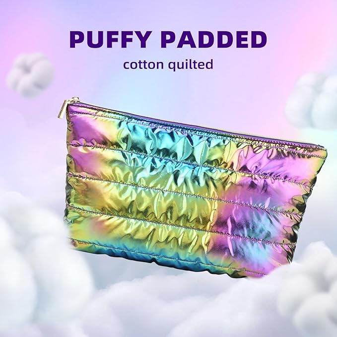 Hiroyuki Iridescent Quilted Makeup Bag, 3pcs Cute Makeup Bag Set, Large Capacity Cosmetic Organizer Travel Toiletry Pouch (plain, rainbow)
