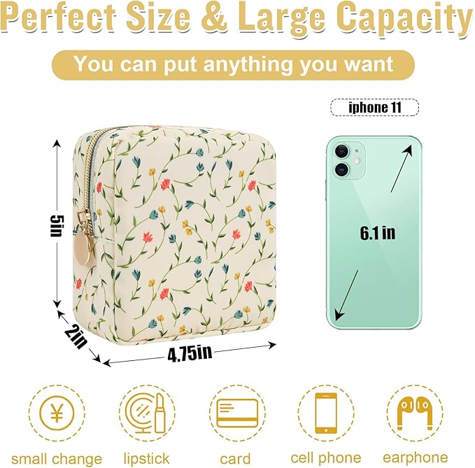 Nylon Mini Floral Makeup Bag for Purse, Small Cute Makeup Bag Preppy Cosmetic Zipper Pouch, Waterproof Travel Set Coin Pouch Sanitary Napkin Storage Bag Makeup Organizer for Women(Light Yellow-Flower)