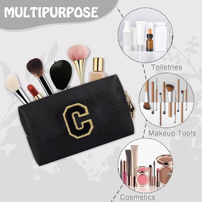 Personalized Initial Preppy Patch Makeup Bag, Small Cute Black Travel Toiletry Pouch Monogram Cosmetic Organizer with Zipper, PU Waterproof Make Up Case Storage Gift for Coworker Teacher Her(Letter C)