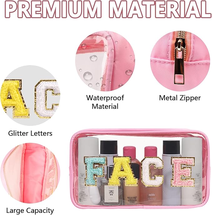 Iqimott Clear Patch Makeup Bag Face Pouch, Preppy Personalized Chenille Letter Cosmetic Pouch for Travel, Nylon Waterproof Organizer Travel Essentials Zipper Toiletry Bags for Women Girls(Pink)