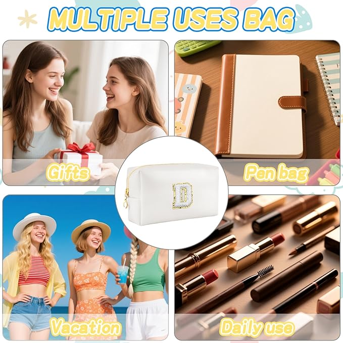 Gifts for Girls Initial Makeup Bag Personalized Cosmetic Bag with Zipper Cute Travel Toiletry Bags Waterproof PU Preppy Makeup Pouch Birthday Gift for Teen Girls Women(White D)