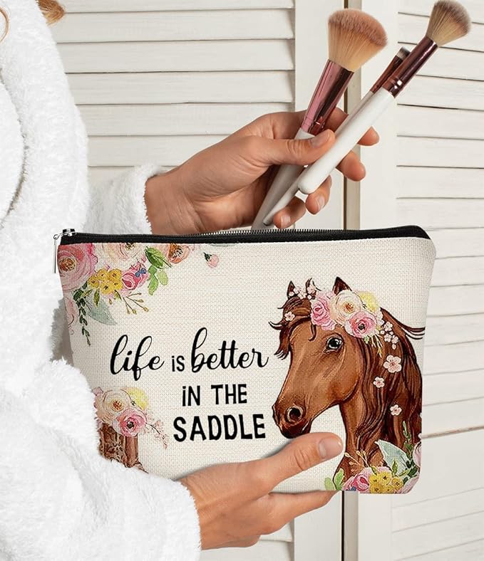 Western Horse Boots Flower Life is Better in the Saddle Funny Farmhouse Cosmetic Bag Makeup Bag Best Gift Idea for Horse Lovers Girls Women,Horse Owners Gifts,Birthday Christmas 's Day Gift