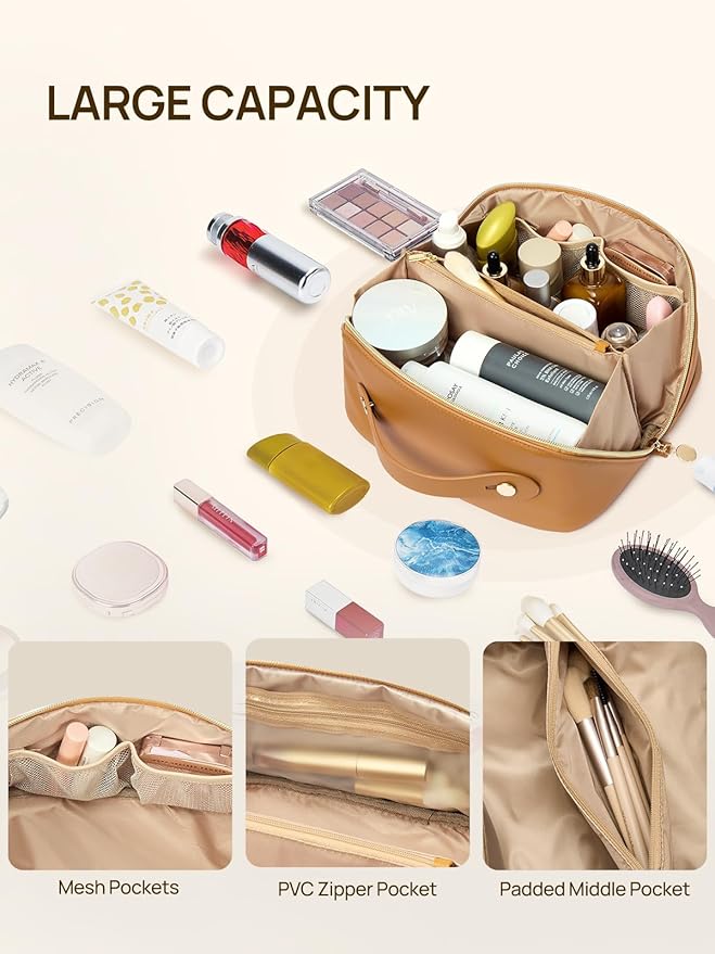 Telena Leather Make Up Bag Portable Travel Makeup Bag Waterproof Cosmetic Bags for Women Large Capacity With Handle and Divider Open Flat