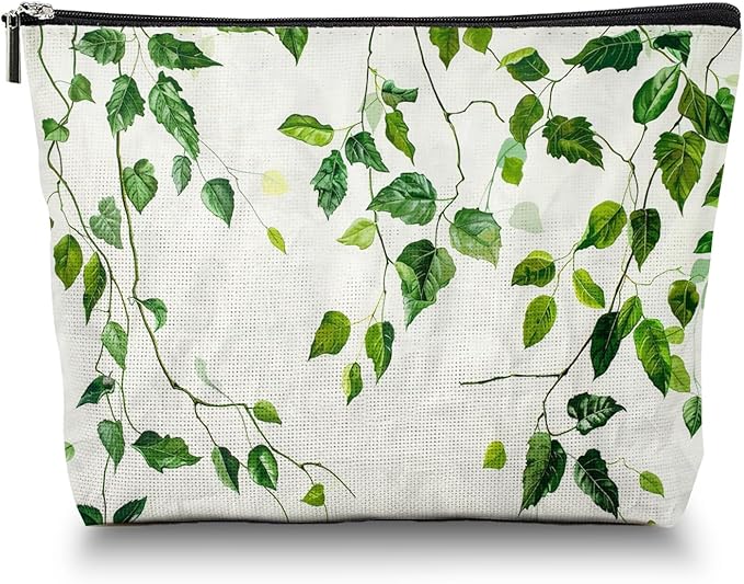 Makeup Bag Travel Cosmetic Bags Small Makeup Case Waterproof Zipper Pouch for Women Girls 7X9inches - Green Ivy Leaves Cascading on White