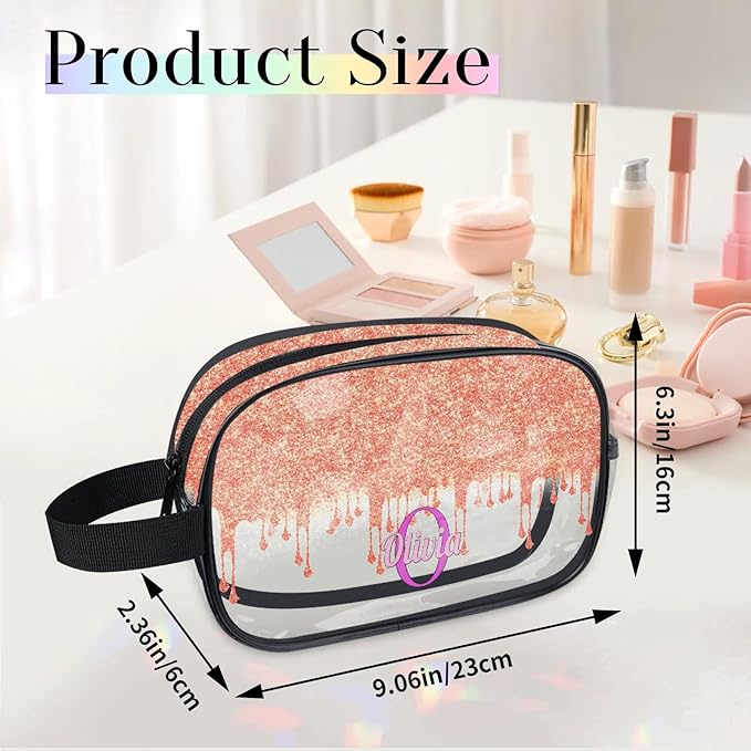 Custom Name Makeup Bag Travel Bag, Clear Toiletry Bag Travel Large Capacity Cosmetic Container Organizer for Shampoo, Glittering Orange Curtain Bling