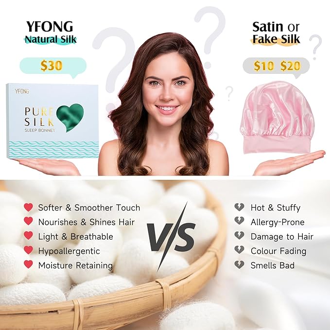YFONG 100% 22 Momme Mulberry Silk Bonnet for Sleeping Women, Larger Double Layer Silk Hair Wrap for Curly Short Long Hair, Non-Slip Sleep Cap Turban with Elastic Tie Band for Hair Care, Green