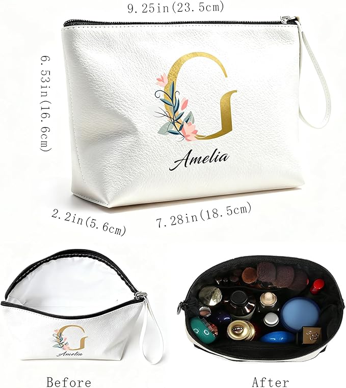 Personalized Makeup Bag Initial&Birth Flower Custom Small Travel Cosmetic Bag with Name Cute Makeup Bag for Women Girls