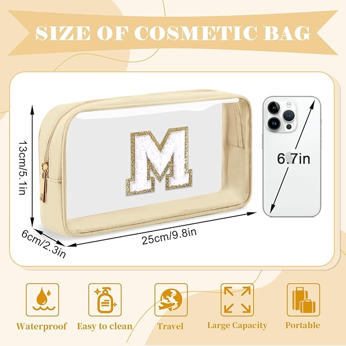 Personalized Initial Letter Clear Makeup Bag,Preppy Small Nylon&PVC Cosmetic Zipper Bag with Chenille Letter,Portable Beach Travel Skincare Toiletry Bag,Trendy Monogram Gift for Teen Girls Women,M