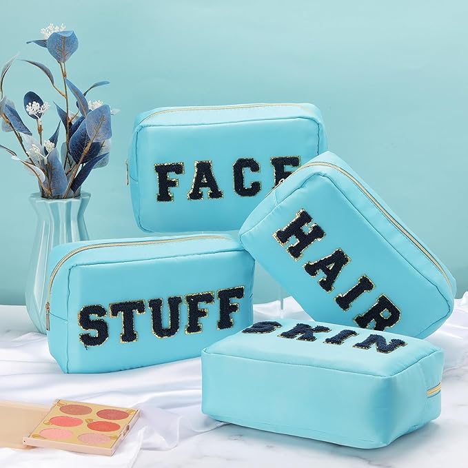 Remerry 4 PCS Nylon Cosmetic Bags Waterproof Spacious Travel Makeup Organizer for Women Chenille Letter Preppy Zipper Pouch Face Stuff Skin Hair Organizer Gift(Blue Color)