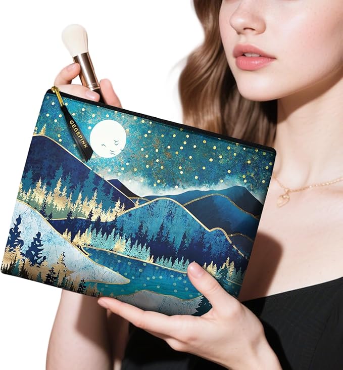 Cute Makeup Bag for Purse Waterproof Cosmetic Bags for Women Funny Smooth Zipper Travel Toiletry Pouch 10X8 Inches-Green Mountain Moon Lake Makeup pouch