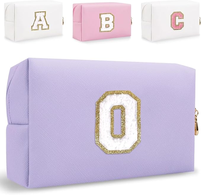 Small Personalized Letter Makeup Bag, Cute PU Leather Chenille Letters Cosmetic Bag Travel Makeup Pouch, Preppy Travel Organizer Zipper Pouch for Women&Girls（Purple-O）