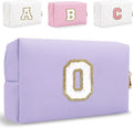 Small Personalized Letter Makeup Bag, Cute PU Leather Chenille Letters Cosmetic Bag Travel Makeup Pouch, Preppy Travel Organizer Zipper Pouch for Women&Girls（Purple-O）