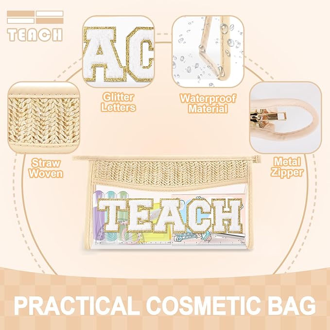Teacher Appreciation Gifts Boho Straw Clear Makeup Bags, Zipper Cosmetic Bag Chenille Letter Patch Bag, Preppy Cute Beach Toiletry Pouch, Trendy Graduation Retirement Birthday Teacher Gifts for Women