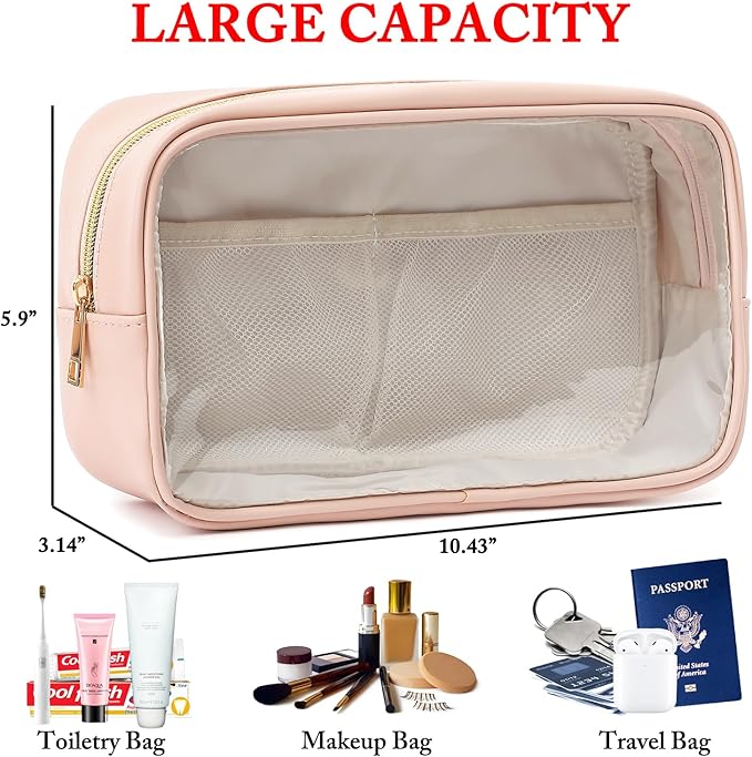 Clear Makeup Bag with 2 Customizable Chenille Letters - Waterproof PU Leather Cosmetic Case, Large Personalized Toiletry Pouch for Women & Teens, Ideal for Travel & Gift
