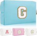 Personalized Initial Letter Patch Makeup Bag, Preppy Portable Chenille Cosmetic Bag with Zipper, PU Leather Waterproof Travel Toiletry Bag Monogram Make Up Pouch for Women Girls