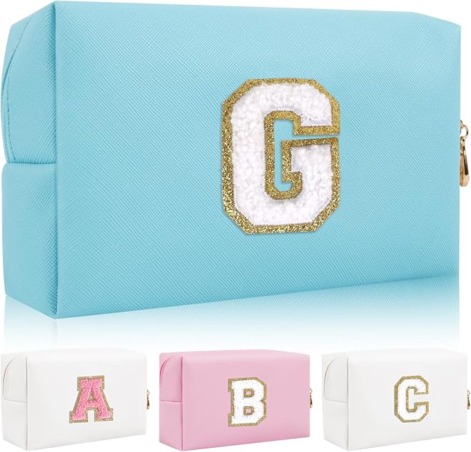 Personalized Initial Letter Patch Makeup Bag, Preppy Portable Chenille Cosmetic Bag with Zipper, PU Leather Waterproof Travel Toiletry Bag Monogram Make Up Pouch for Women Girls