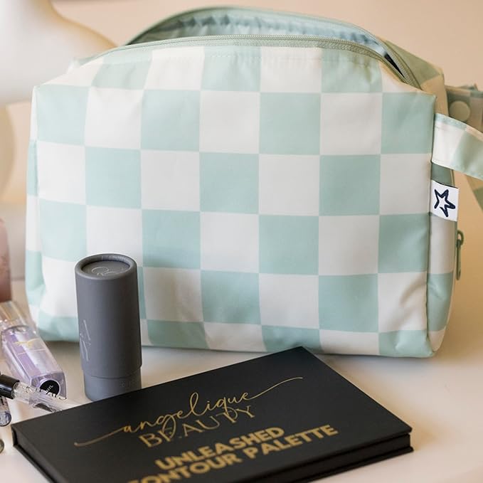 Tiny Twinkle Waterproof Travel Toiletry & Makeup Bag Organizer | Large Capacity Cosmetic Case with Compartments & Handle, A Thoughtful Travel Companion for Women（Sage Checkers