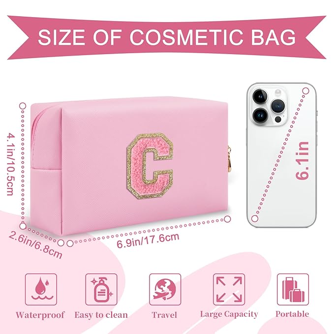 Personalized Initial A-Z Preppy Patch Makeup Bag,Small PU Leather Chenille Letter Cosmetic Bag with Zipper for Teen Girls,Pink Cute Travel Toiletry Bag,Birthday Monogrammed Gift for Daughter,Letter C