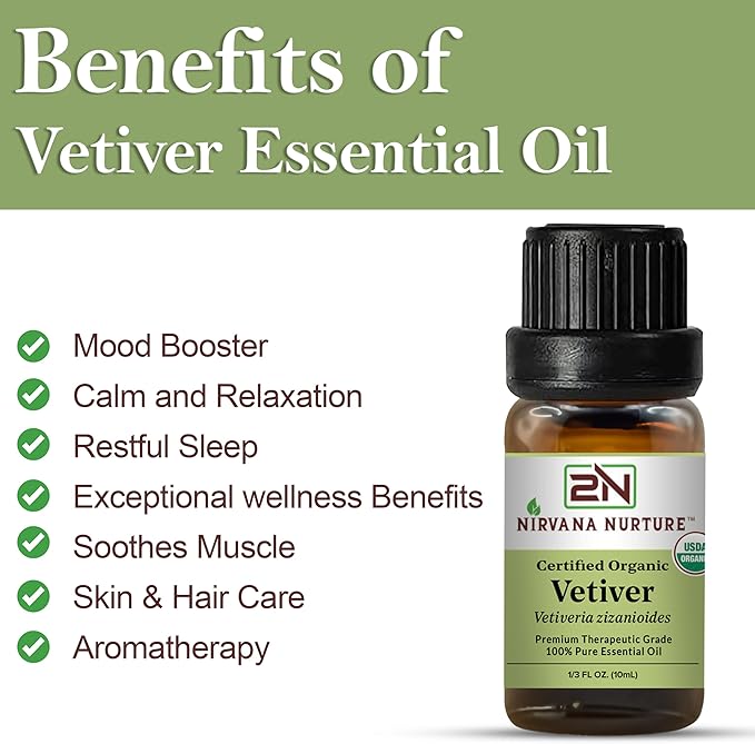 Vetiver Essential Oil USDA Certified Organic, 100% Pure Natural Premium Grade, Undiluted- Aromatherapy Diffuser for Calm and Relaxation, Skin Care, Hair Care