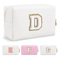 Small Personalized Initial A-Z Preppy Patch Makeup Bag,White PU Chenille Letter Travel Cosmetic Pouch with Zipper,Cute Toiletry Bag,Gift Ideal for Teen Girls Women Teacher Bridesmaid,Letter D