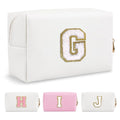 Small Personalized Initial A-Z Preppy Patch Makeup Bag,White PU Chenille Letter Travel Cosmetic Pouch with Zipper,Cute Toiletry Bag,Gift Ideal for Teen Girls Women Teacher Bridesmaid,Letter G