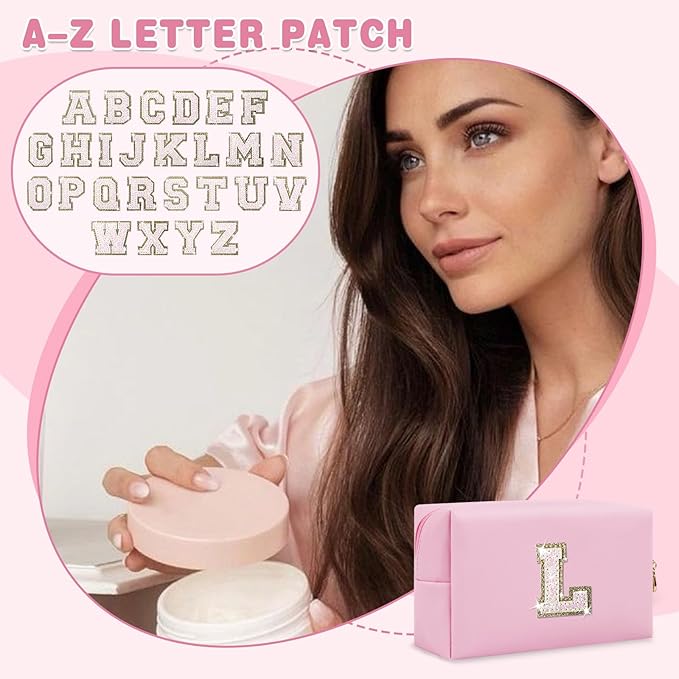 Small Personalized Initial A-Z Patch Makeup Bag,Pink Cute PU Leather Glitter Letter Cosmetic Bag for Teen Girls,Travel Toiletry Bag with Zipper,Preppy Monogrammed Birthday Gift for Daughter Niece L