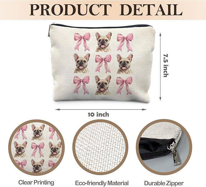 French Bulldog Makeup Bag, Coquette Pink Bow Frenchie Dog Cosmetic Bags for Women, French Bulldog Gifts Makeup Pouch, Frenchie Mom Gifts Zipper Pouch