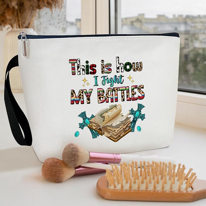 Christian Cosmetic Bag for Women,Bible Verses Gifts for Friend Mother Coworker Travel Essentials Purse Toiletry Pouch Cosmetic Bag with Zipper(This is How I Fight my battle)/35