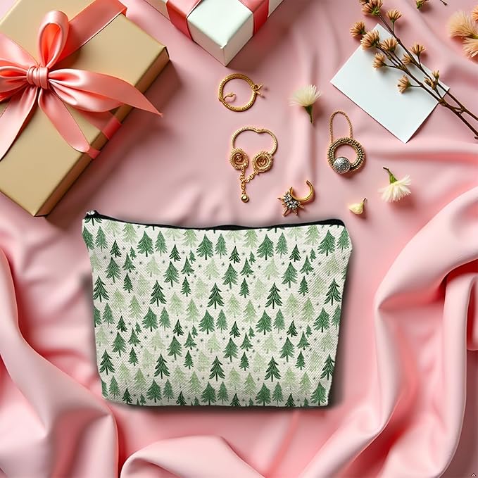 Forest Green Christmas Tree Makeup Bag, Rustic Pine Tree Cosmetic Bags Gifts for Women, Winter Christmas Portable Travel Toiletry Bag Zipper Makeup Pouch