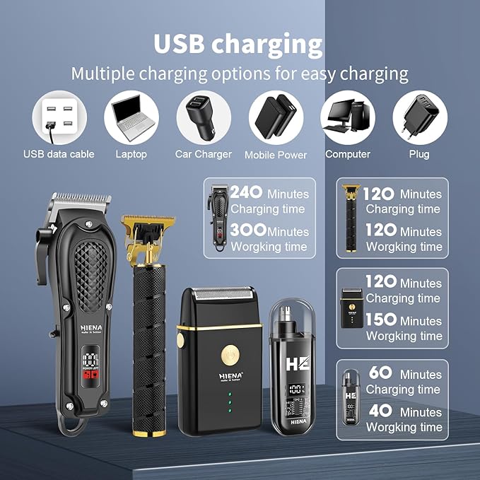 HIENA PRO Hair Clippers for Men Professional, Cordless Barber Clipper & T-Blade Beard/Hair Trimmer Set, Electric Razor Foil Shaver Nose Trimmer Barber Kit, Men's Hair Cutting Kit with 8 Guide Combs