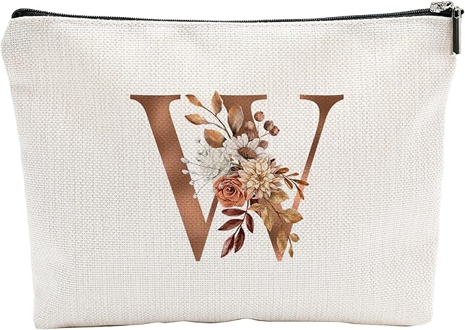 A-Z Boho Personalized Cosmetic Bag-Floral Cotton Letter Makeup Bag With Zipper-Artistic Cosmetic Bag For Travel-Bride,Birthday Gift For Women Daughter Friends-Women Makeup Organizer-A23