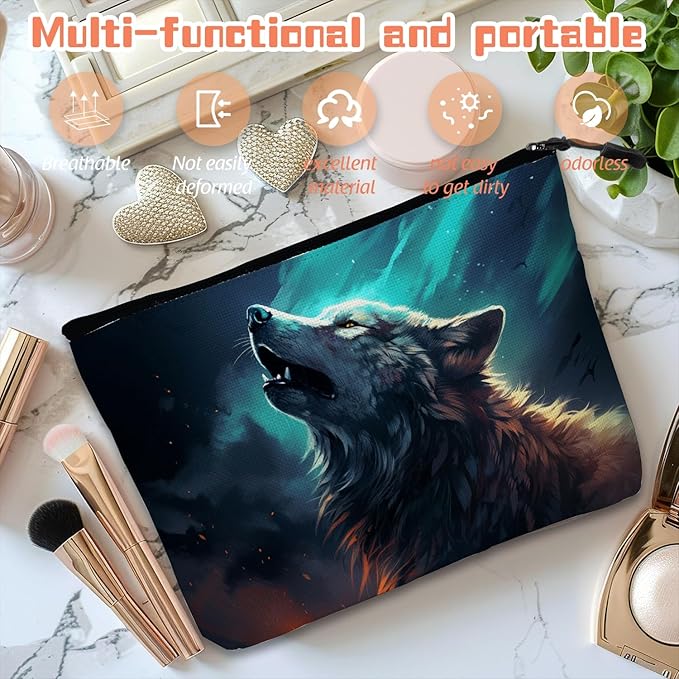 Cosmetic Bags Travel Makeup Toilet Case Waterproof Pouch for Women Girls 6.7X9.45inches - Wolf Howling Against A Mysterious Night Sky
