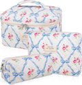 Makeup Bag Set, Quilted Makeup Bag, Large Floral Cosmetic Bag for Women, Cute Cotton Makeup Bags, Flower Travel Toiletry Organizer Bag (Blue Flower)
