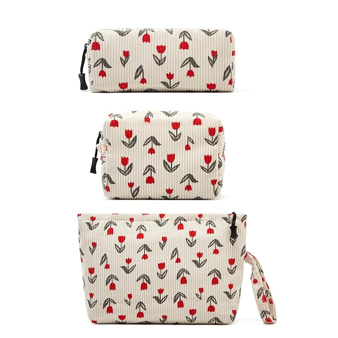 Makeup bag set small Cosmetic bag for women purse Corduroy Organizer with interior Pockets,cute Pencil zipper Pouch travel Toiletry Bag with handle(Tulip Red)