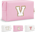 Personalized Initial Preppy Patch Makeup Bag, Travel Toiletry Zipper Pouch Cute Pink Cosmetic Organizer Small Makeup Bag for Purse, PU Leather Make Up Storage Valentines Day Gift for Women(Letter V)