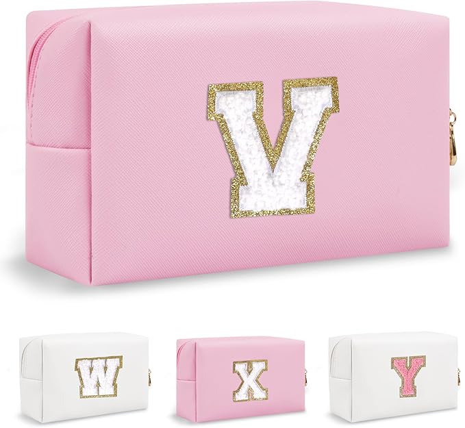 Personalized Initial Preppy Patch Makeup Bag, Travel Toiletry Zipper Pouch Cute Pink Cosmetic Organizer Small Makeup Bag for Purse, PU Leather Make Up Storage Valentines Day Gift for Women(Letter V)
