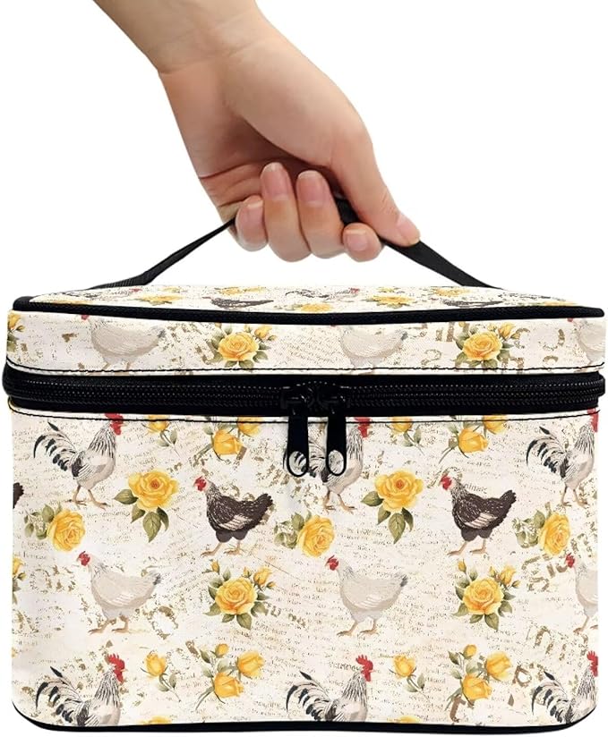 Chicken Yellow Rose Pattern Travel Makeup Bag for Women Large Capacity Cosmetic Bags with Zipper and Handle Make Up Tote Bags Organizer Portable Toiletry Bags