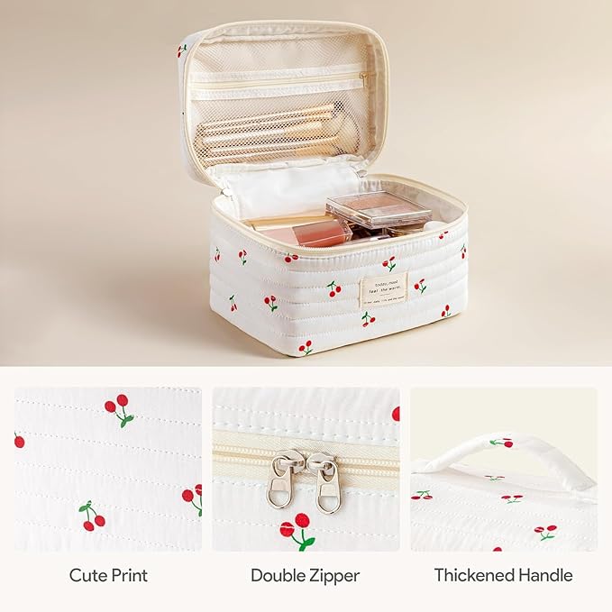 HBselect Quilted Makeup Bag, 3PCS Cotton Large Travel Makeup Bag, Cute Floral Coquette Make up Bag Cosmetic Bag Toiletry Bag for Women Girls