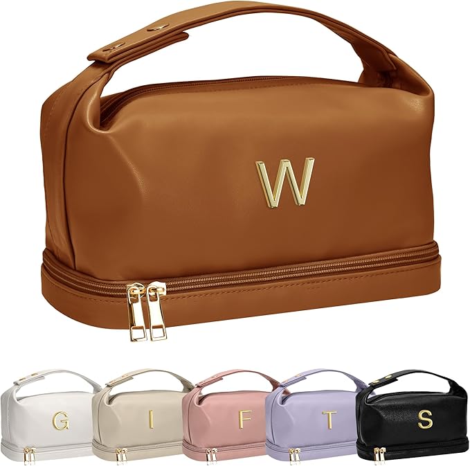 Women Gift Ideas, Personalized Makeup Bag with Handle, Initial Double Layer Cosmetic Bag with Makeup Brush Organizer, Cute Cosmetic Pouch for Women, Gifts for Friends Female Mom