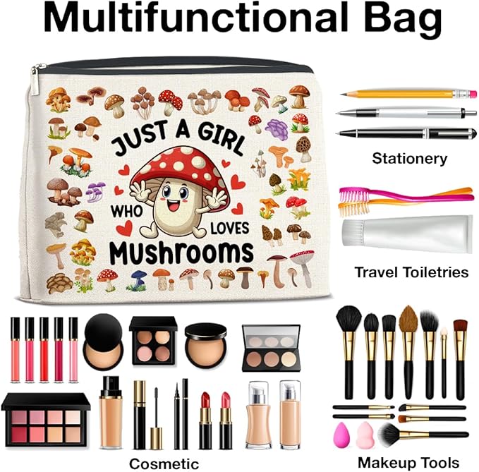 Mushroom Gifts Makeup Bag Mushroom Gifts for Women Teen Girls Sister Friend, Mushroom Lovers Gifts, Just a Girl Who Loves Mushrooms Zipper Makeup Pouch