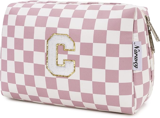 Narwey Birthday Gifts for Teen Girls Kids Women Personalized Initial Checkered Makeup Bag Pink Monogram Cosmetic Bag Trendy Stuff 6 8 10 11 12 13 14 16 18 Years Old Travel Toiletry Bag (Dusty Rose C)